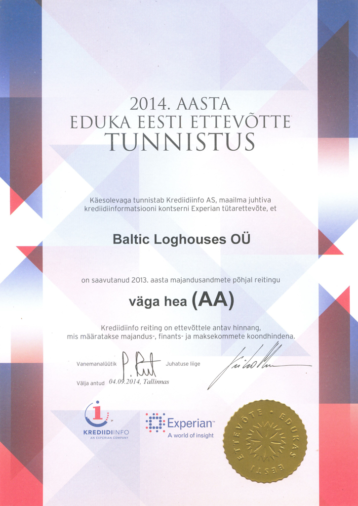 Baltic Log Houses certificate strongest in Estonia