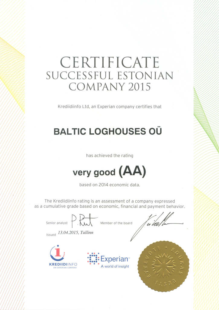 Baltic Log Houses certificate strongest in Estonia 2015