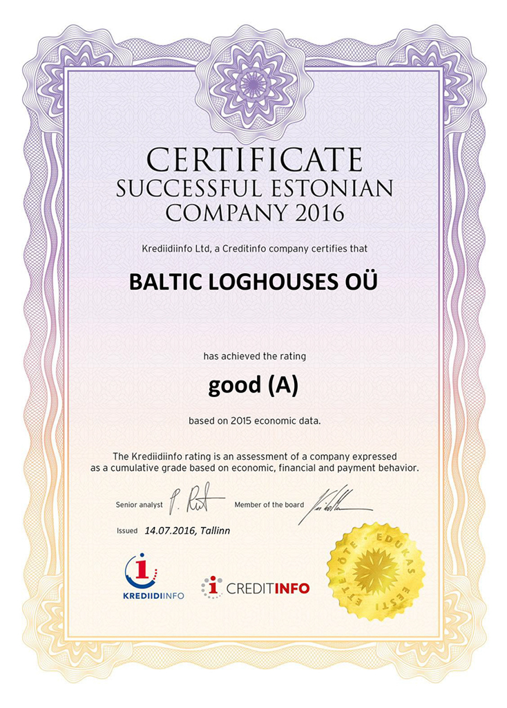 Baltic Log Houses certificate strongest in Estonia 2016