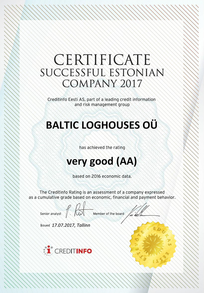 Baltic Log Houses certificate strongest in Estonia 2017
