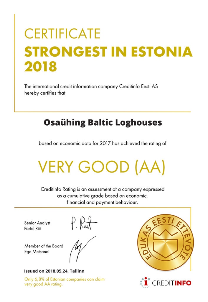 Baltic Log Houses certificate strongest in Estonia 2018